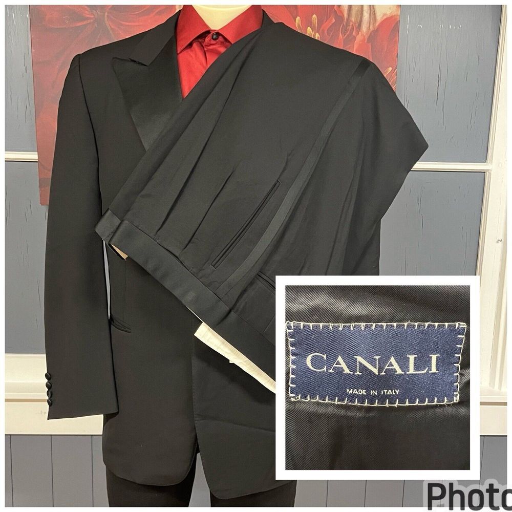 Vintage Canali Tuxedo Suit 2Pc Mens 44R Pants 36x30 Black Ventless Shoulder Pads